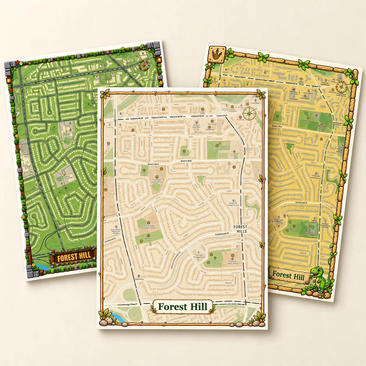 Forest Hill posters in Video Game, Earth and Jurassic styles